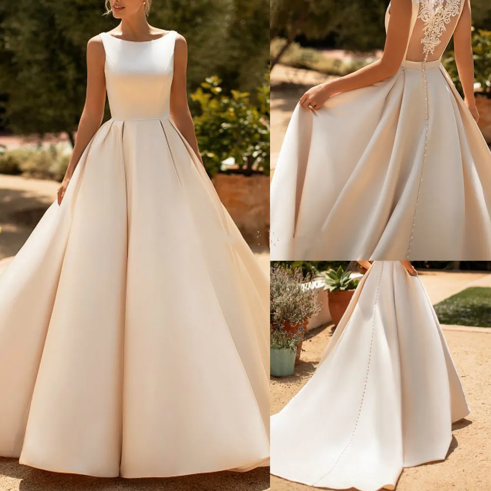 Noi satin rochie de bal rochie de Mireasa Cu saci Vestido De Noiva Elegant dantela Aplicatii de nasturi Mult Plissee rochii de mireasa 2021 Imagine 0