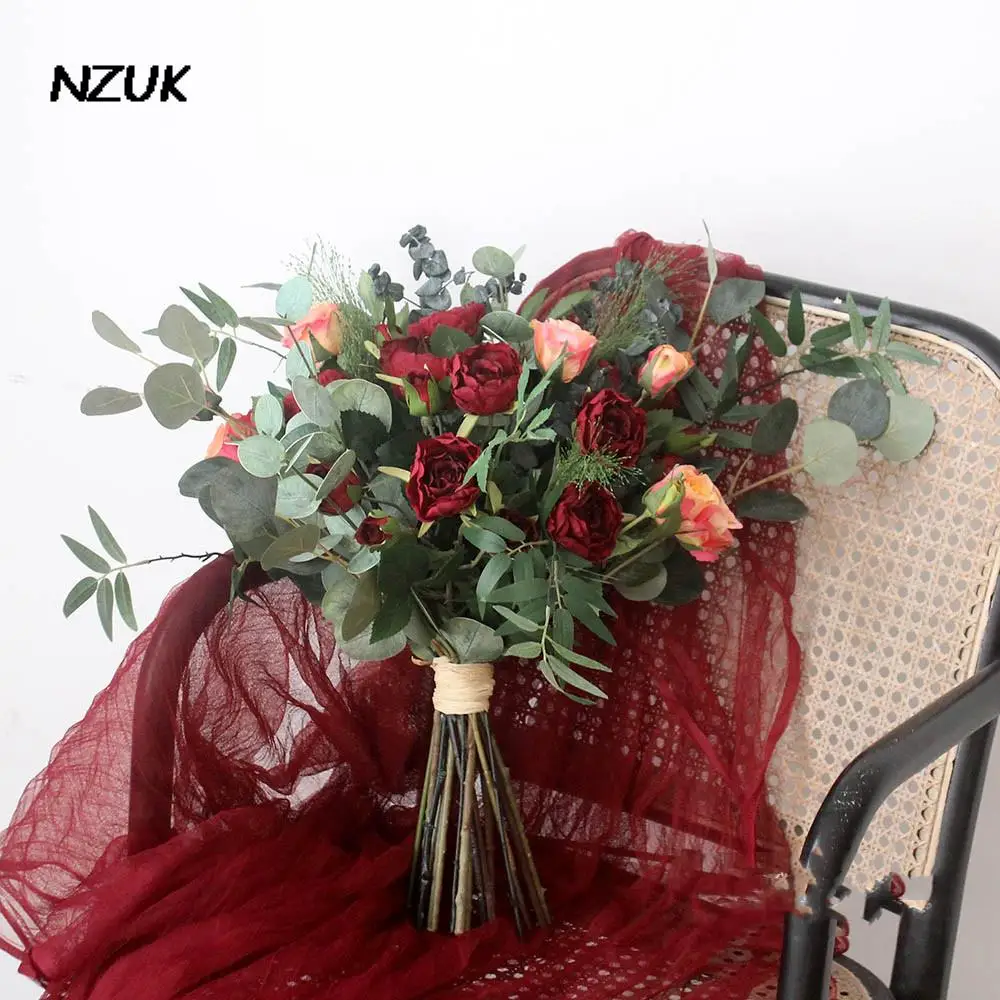 NZUK Flori de Nunta Buchete de Mireasa Roșu Închis fleur rose Farmece Artificiale Cymbidium Mireasa Suport de Mână Buchet de Flori Imagine 0