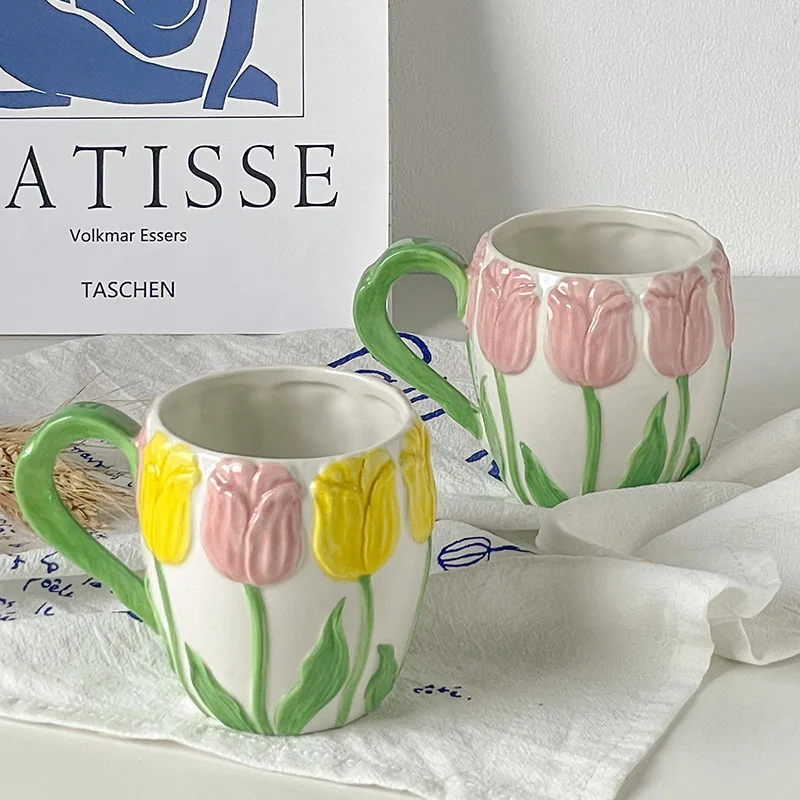 Tulip Relief Roz Galben de Mână-pictat Cupa Ins Stil Rafinat Cana Cana de Apa de Fete Ceramice Cafea Ceai Lapte coreean Ceașcă de Ceai Imagine 0