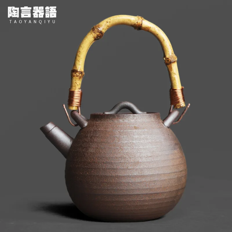 Jingdezhen piatra mea de lut în formă de ou ceainic inel mâner de bambus rattan material Japonez Zen ceainic ceainic singură oală Imagine 0