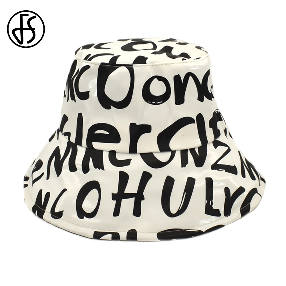 FS la Modă Alb Negru PU Hip Hop Capace Pentru Barbati Femei Scrisoare de Imprimare de Vară de protecție Solară Găleată Pălării de Plajă în aer liber Pescar Pălărie 2021 Imagine 0