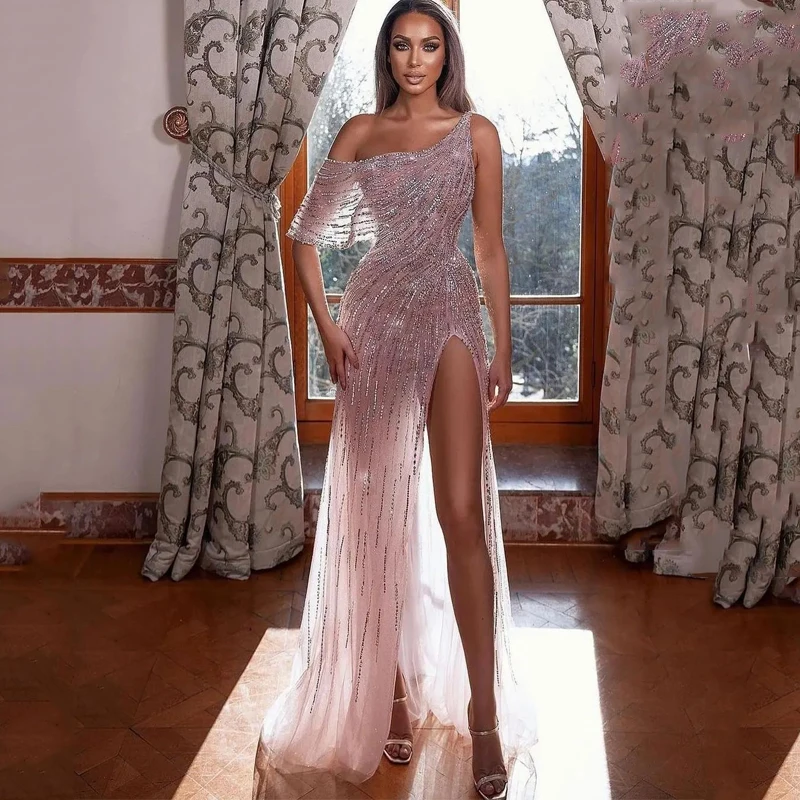 Fard de obraz Roz Sirenă pe Un Umăr Rochie de Seara Lunga 2022 Lux Dubai cu Margele Fantă Mare Petrecere de Bal Rochii de Nunta Imagine 1