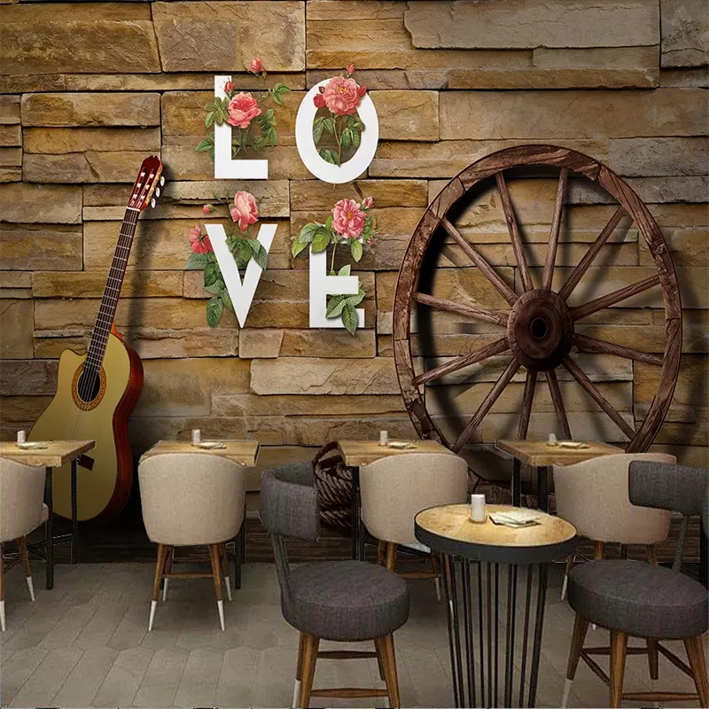 Personalizate Orice Dimensiune Pânză de Perete Retro Nostalgic Zid de Cărămidă Roata Chitara Tapet 3D Restaurant Cafenea de Fundal de Perete Decor Mural Imagine 1