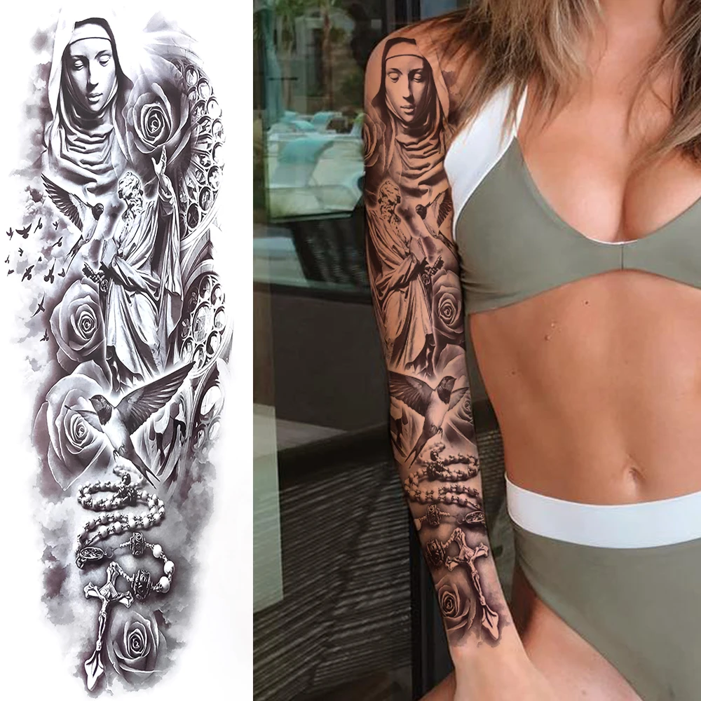 În Plus Călugăriță Mare Fata De Tatuaje Temporare Cu Maneci Pentru Femei, Bărbați Adulți Negru Flori Tatuaje Autocolant Moartea Craniu De Arta Corp Tatuaje False Imagine 1