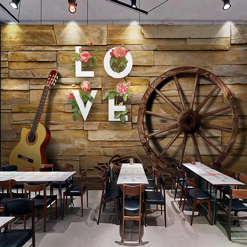 Personalizate Orice Dimensiune Pânză de Perete Retro Nostalgic Zid de Cărămidă Roata Chitara Tapet 3D Restaurant Cafenea de Fundal de Perete Decor Mural Imagine 2