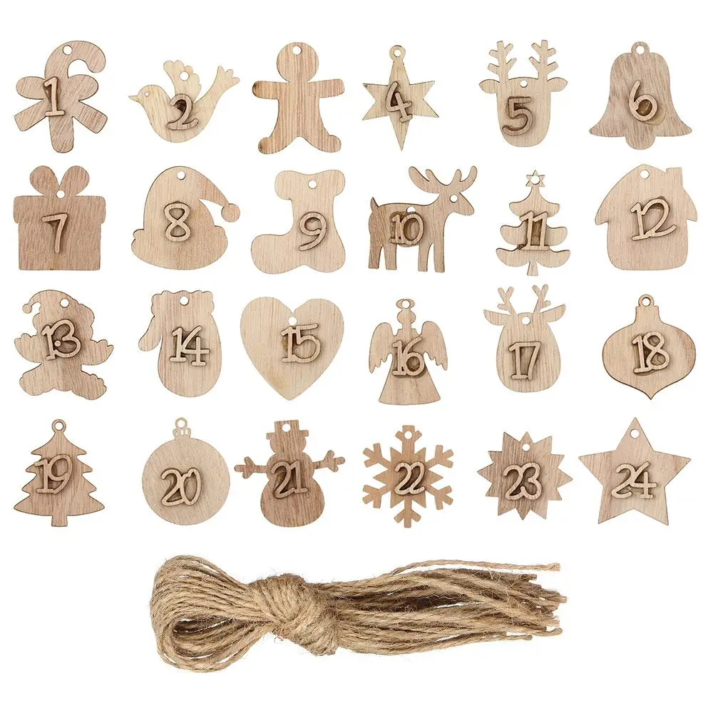 24buc/set Ornament DIY Clipuri Crăciun din Lemn Pandantiv Numărătoarea inversă Agățat Etichete, Eticheta cu Numărul de Crăciun Advent Calendar Imagine 2