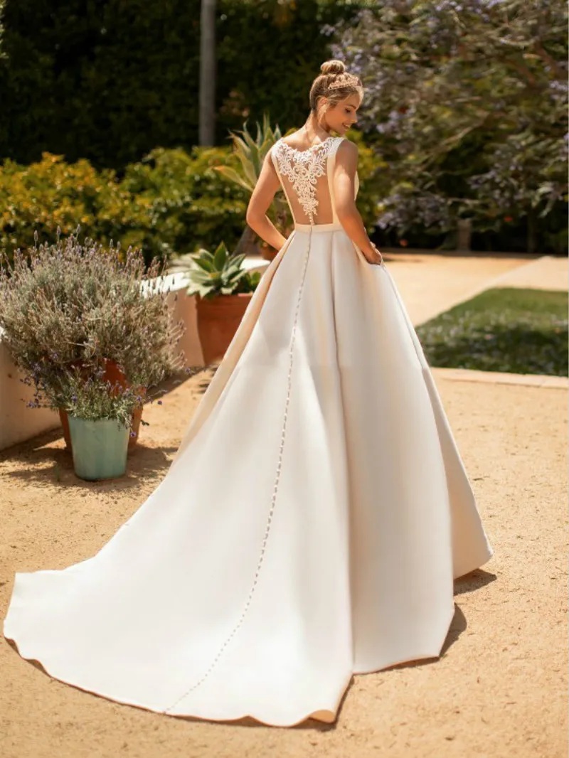 Noi satin rochie de bal rochie de Mireasa Cu saci Vestido De Noiva Elegant dantela Aplicatii de nasturi Mult Plissee rochii de mireasa 2021 Imagine 2