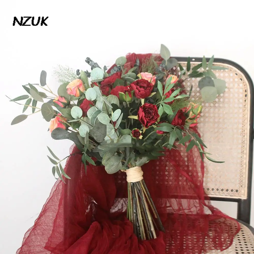 NZUK Flori de Nunta Buchete de Mireasa Roșu Închis fleur rose Farmece Artificiale Cymbidium Mireasa Suport de Mână Buchet de Flori Imagine 2