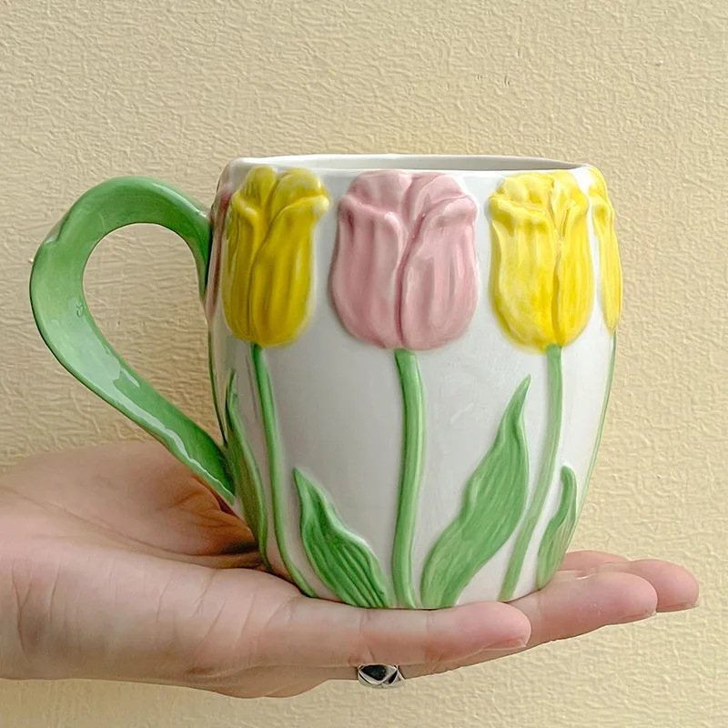 Tulip Relief Roz Galben de Mână-pictat Cupa Ins Stil Rafinat Cana Cana de Apa de Fete Ceramice Cafea Ceai Lapte coreean Ceașcă de Ceai Imagine 2