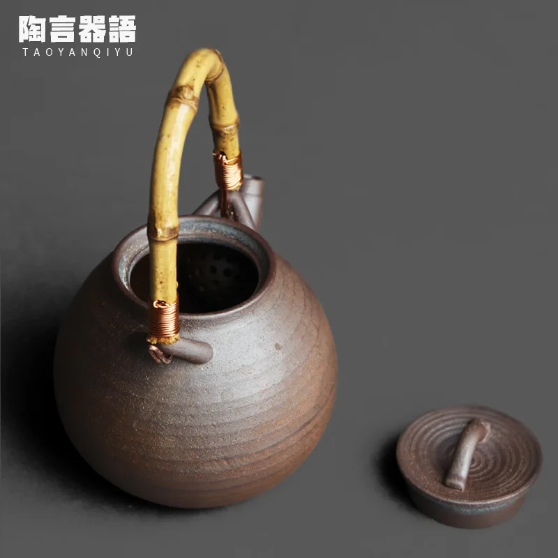 Jingdezhen piatra mea de lut în formă de ou ceainic inel mâner de bambus rattan material Japonez Zen ceainic ceainic singură oală Imagine 2