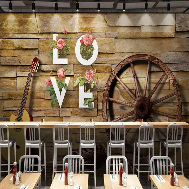Personalizate Orice Dimensiune Pânză de Perete Retro Nostalgic Zid de Cărămidă Roata Chitara Tapet 3D Restaurant Cafenea de Fundal de Perete Decor Mural Imagine 3