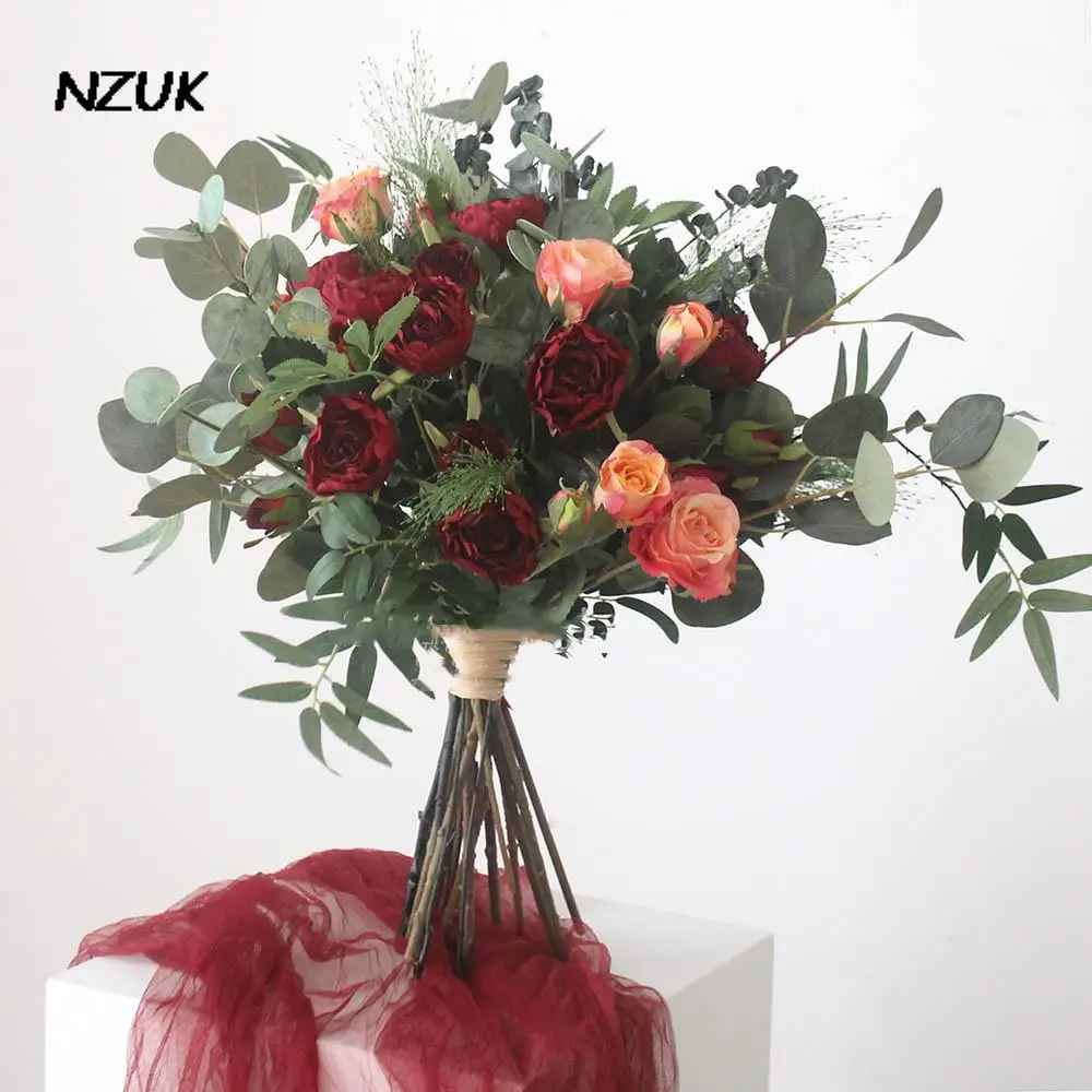 NZUK Flori de Nunta Buchete de Mireasa Roșu Închis fleur rose Farmece Artificiale Cymbidium Mireasa Suport de Mână Buchet de Flori Imagine 3