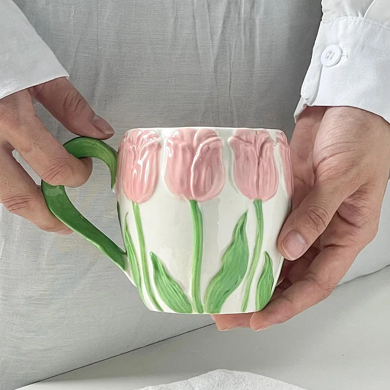 Tulip Relief Roz Galben de Mână-pictat Cupa Ins Stil Rafinat Cana Cana de Apa de Fete Ceramice Cafea Ceai Lapte coreean Ceașcă de Ceai Imagine 3