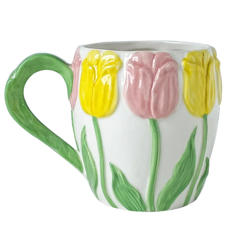 Tulip Relief Roz Galben de Mână-pictat Cupa Ins Stil Rafinat Cana Cana de Apa de Fete Ceramice Cafea Ceai Lapte coreean Ceașcă de Ceai Imagine 4