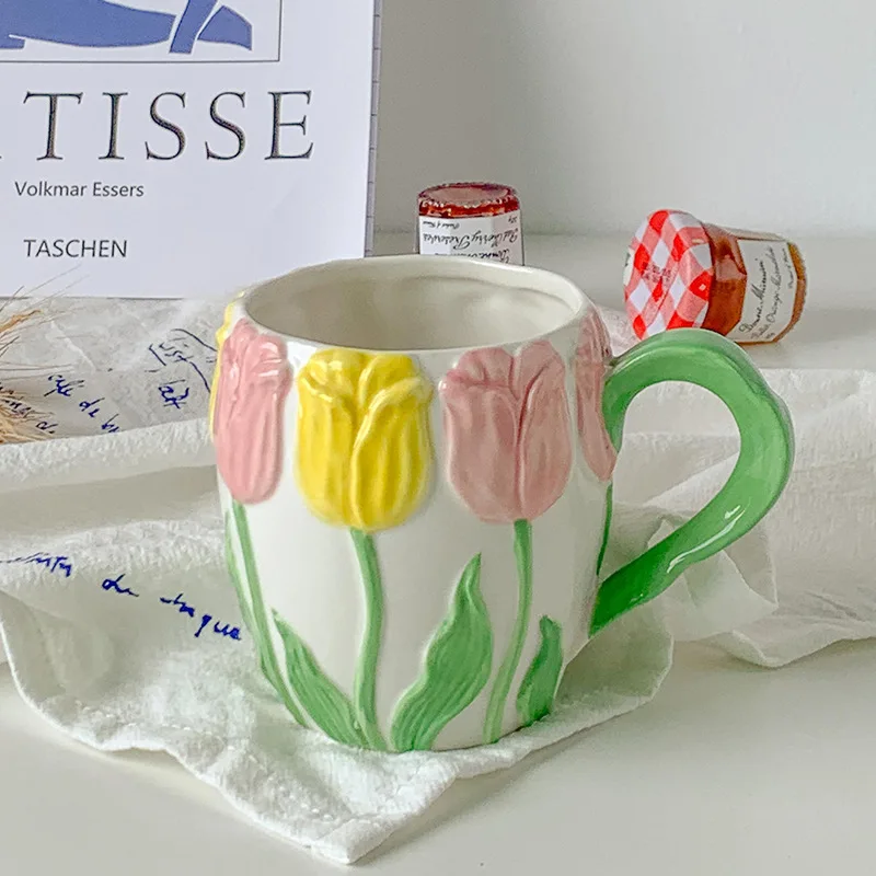 Tulip Relief Roz Galben de Mână-pictat Cupa Ins Stil Rafinat Cana Cana de Apa de Fete Ceramice Cafea Ceai Lapte coreean Ceașcă de Ceai Imagine 5