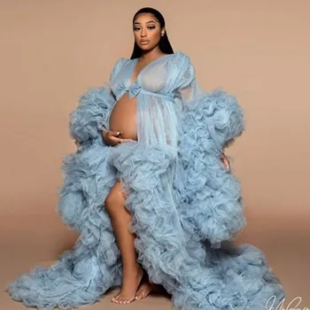 Pufos Tul Robe Copil De Dus Kimono Albastru Femeile Tul Lung Maternitate Rochii Gravide Niveluri Petrecerea De Ziua Halat