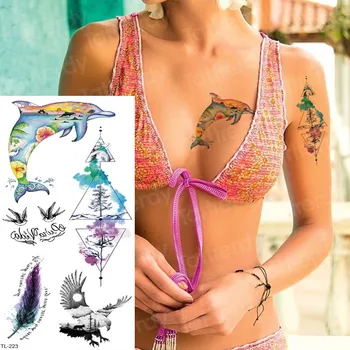 autocolant tatuaj copii tatuaj sirena sexy tatuaj pentru fete femeie vară tatuaj delfinilor din marea pădure de tatuaje & body art, culoare de apă