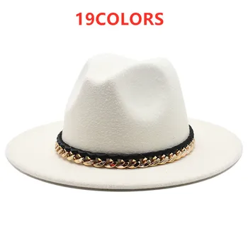 Simțit Fedora Pălărie Bărbați Femei Jzz Pălării Domn Bumbac de Iarnă Negru Alb Galben Margine Largă Lanț de Fier Pălărie de Top Chapeau Femme 19color