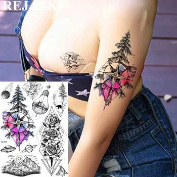 REJASKI Sexy Acuarelă Copac Floare Busola Tatuaje Temporare Autocolant Geometrice a Crescut de Tatuaje Pentru Femei Body Art Realist Tatuaj