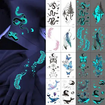 Blue Glow În Întuneric Șarpe Cruce Tatuaje Temporare Pentru Adulți Luminos Pene Pădure Autocolant Tatuaj Fals Adolescenti Fluture Tatuaje 3D