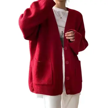 V-Neck Maneca Lunga Buzunare cu dungi Pulover Vrac Haine de Toamna de Culoare Solidă Jachete Tricotate pentru femei, Îmbrăcăminte exterioară chaquetas куртки