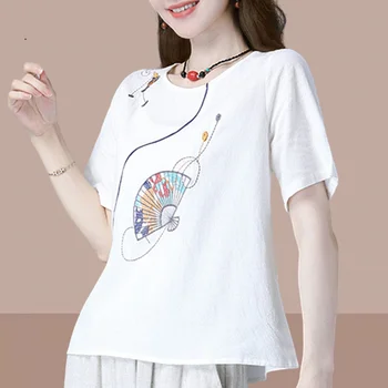 Femei Bluza de Vara Moda Stil Chinezesc Maneci Scurte Topuri 2022 Casual O Gât Bumbac Camasa Vintage Tricouri Brodate Tee