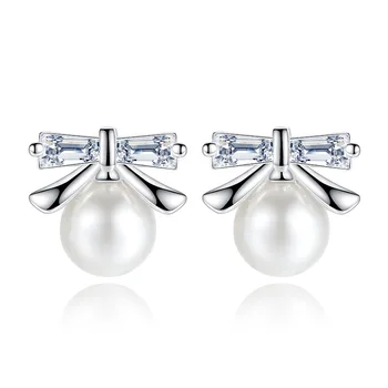 Noua Moda Strălucitoare de Cristal Pearl Bowknot Argint 925 Cercei Stud pentru Femei en-Gros Cadou Picătură de Transport maritim