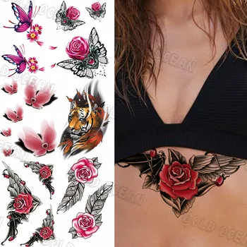 Sexy Trandafir Rosu Floare Aripi Tatuaje Temporare Pentru Femei Adulți Tigru, Fluture Tatuaj Fals Autocolant Piept Corp Tatuaje Sub Sânul