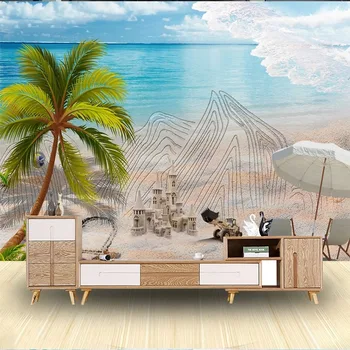 3D personalizat Fotografie Tapet de Vară, Plajă, Munți de Nisip Urme de nucă de Cocos Copaci Valuri de Fundal Autocolante de Perete Papel De Parede Tapet