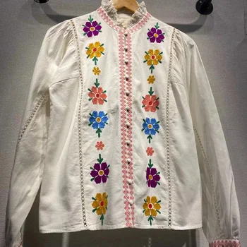 Boho Florale, Broderie Camasi cu Maneca Lunga pentru Femei Vintage Stand de Guler cu Volane din Bumbac Tricou Casual Supradimensionat Bluze din Bumbac