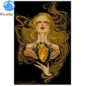 Diamant Broderie Abstract Femeie de Aur cu Diamante Pictura inima fantezie de arta full Cross Stitch Mozaic stras Decorare Casa