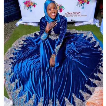 Albastru Regal Musulman Catifea Rochii De Mireasa Dantela Aplicatii Vestido De Noiva Complet Maneca Arab Dubai Rochii De Mireasa
