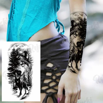 Lupul Negru De Pădure Tatuaje Temporare Pentru Femei Adulți Realist Leu Tigru Busola Craniu Autocolant Tatuaj Fals Brațul De Talie Tatuaje