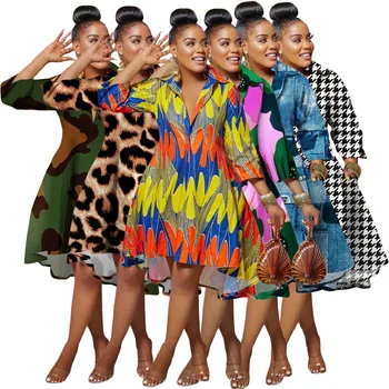 Femei De Moda Rochie De Camasa Pline De Culoare De Imprimare De Camuflaj De Model Rândul Său, În Jos Gât Butoane O Linie Africa Rochii Casual 2023