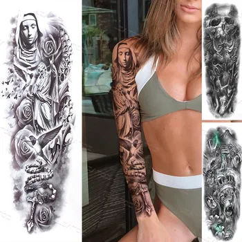 În Plus Călugăriță Mare Fata De Tatuaje Temporare Cu Maneci Pentru Femei, Bărbați Adulți Negru Flori Tatuaje Autocolant Moartea Craniu De Arta Corp Tatuaje False