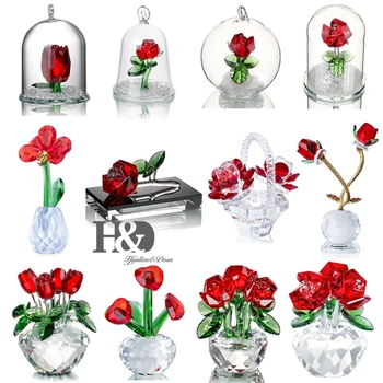 H&D Crystal Red Rose Figurine Buchet De Flori Colectie De Arta Ambarcațiunile De Sticlă Acasă Decor Nunta Ornament De Crăciun Cadou De Suvenir