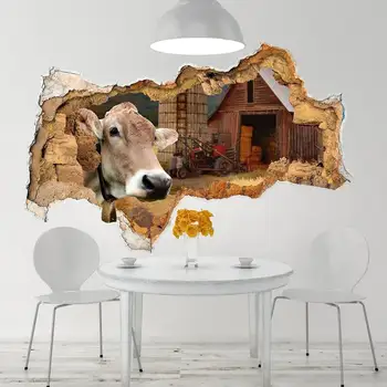 3D Perete Decal Caw Fermă de Bovine Art Decor 3D Iluzie de Adâncime Gaură de Perete Decor Rustic Vinil Murală Autocolant Perete Amovibil Decal Poster