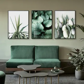 3 Piese De Arta De Perete Verde Cu Imprimeu Frunze De Plante Scandinave Poster Panza Pictura Nordică Imagini Cu Flori Pentru Camera De Zi Decor Acasă