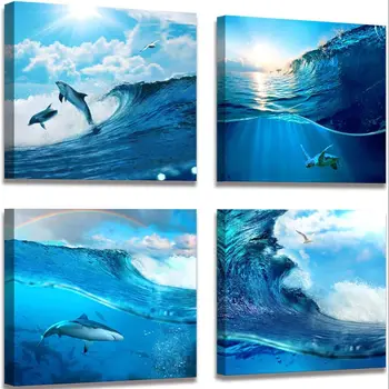 4 Bucata Delfin Țestoasă de Ocean, Val, Plajă, peisaj Marin Postere Canvas Imagine Arta de Perete Decor Acasă Picturi pentru camere Copii Decoratiuni