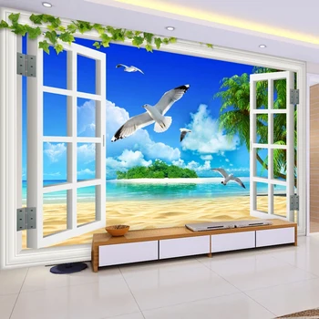 Foto personalizat Tapet 3D Fereastra peisaj Marin Seagull Beach Copac de nucă de Cocos Spațiu de Expansiune Murala Pictura pe Perete Pentru Camera de zi Dormitor