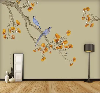 Personalizat murală tapet decor acasă pictura de mână-pictat flori și păsări plum blossom retro frunze de aur de fundal de perete