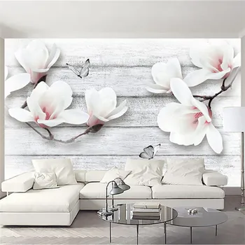 Fotografie Tapet 3D Stereo Flori Magnolia Fluture de Cereale din Lemn, picturi Murale TV Camera de zi Canapea Fundal de Perete Home Decor de Perete de Hârtie