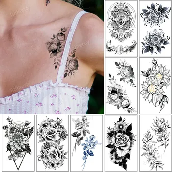 Mini tatuaj fals schiță modele de flori de trandafir bujor daisy plece drăguț tatuaje temporare impermeabil mână deget tatuaj transfer