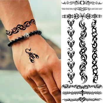 Negru Spini Totem Tatuaj Temporar Pentru Barbati Femei Indiene Scorpion Tribal Tatuaj Fals Autocolant Realist Bratara Impermeabil Tatuaj