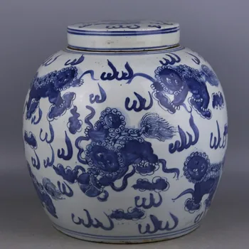 Antic Chinease QingDynasty portelan oală, Albastru și alb leu borcan mare,obiecte de Artizanat,cel mai bun de colectare&podoabă, transport Gratuit