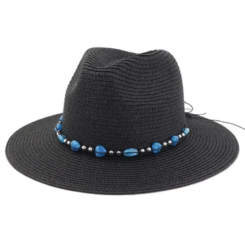 HT3647 Panama Pălărie de Paie Vara Femei Bărbați Margine Largă Plajă de Soare Capac Protectie UV Jazz Fedora Pălărie de sex Masculin de sex Feminin Margele Trupa Palarii de Plaja