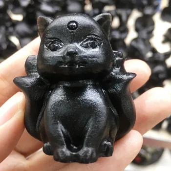 Drăguț Piatra Naturala Negru Obsidian Sculptate Manual Egiptean nouă coadă-de-vulpe Dumnezeu Animal Puternic Statuie Pentru Acasă Decorare Cadou