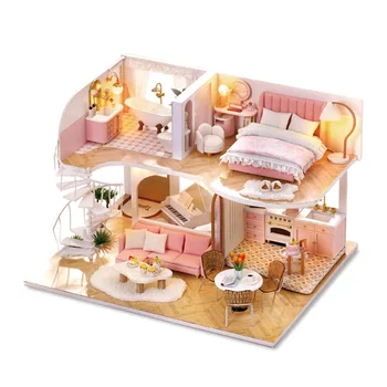 Noua Casa de Păpușă de Lemn Mobilier in Miniatura Cu LED-uri Kit Pink Princess case de păpuși Asamblare DIY Jucarii Copii Prietena Cadou de Casa