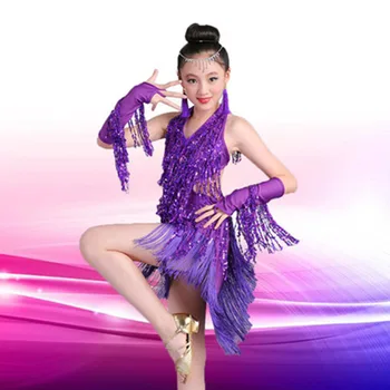 Copii de dans latino, costume copii fete de dans latino fusta paiete ciucure arată spectacole costume