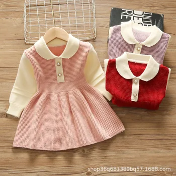 2021 Nou Stil Baby Girl Haine de Iarnă Elegant cu Maneca Lunga Rochie Tricotate pentru copii pentru Copii Haine Groase Purta